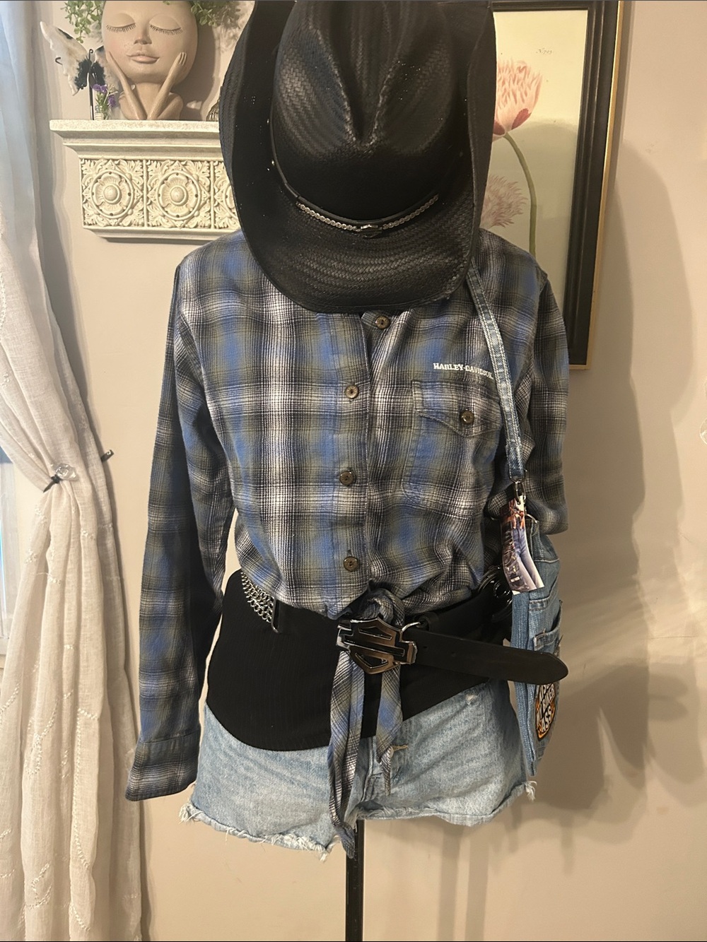 Y2k Harley-Davidson Blue and Black Plaid Button-Down Tie-Front Shirt
